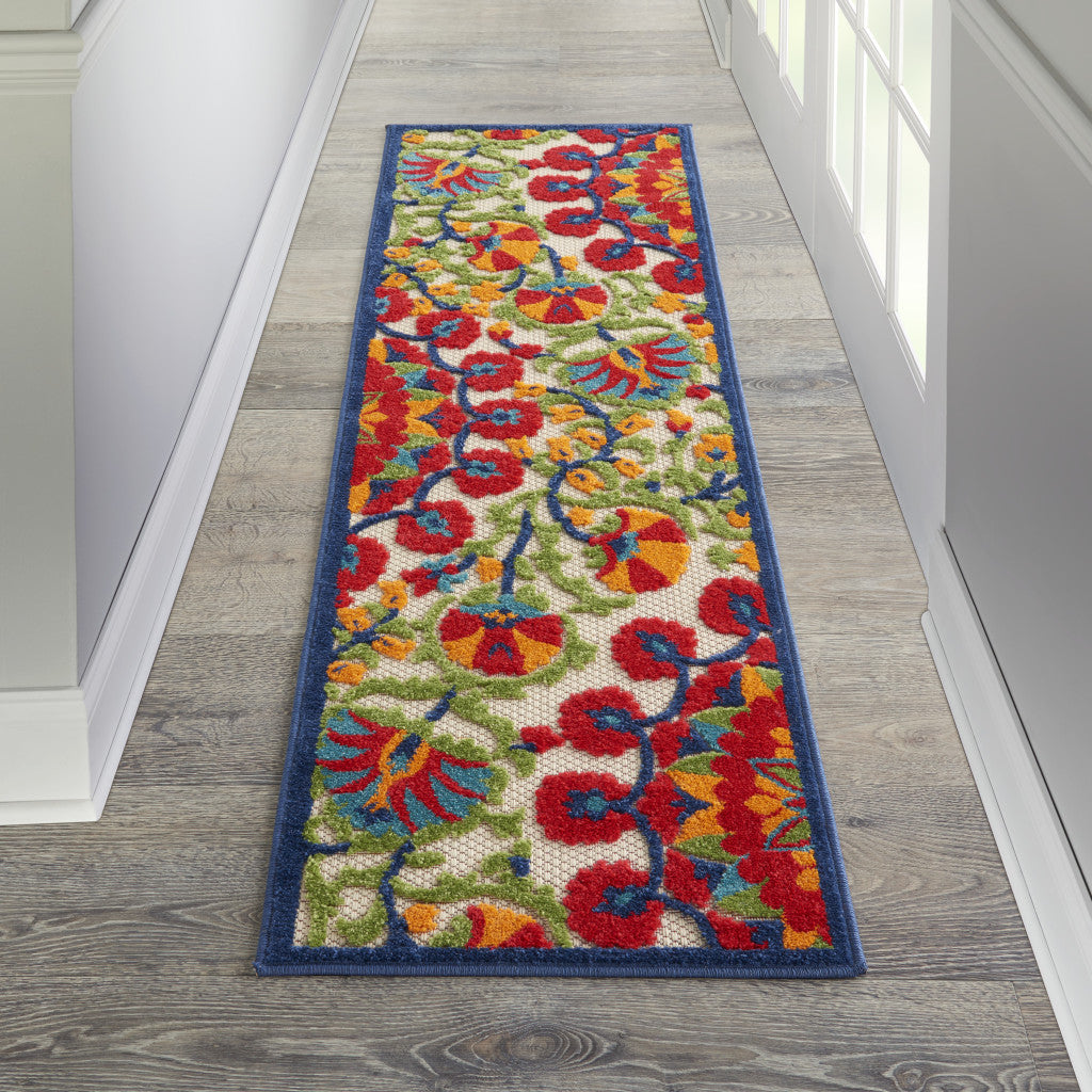 2' X 6' Red And Ivory Floral Indoor Outdoor Area Rug