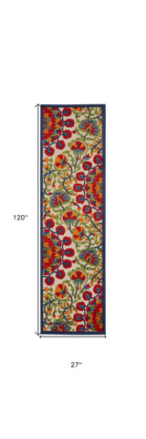 2' X 6' Red And Ivory Floral Indoor Outdoor Area Rug