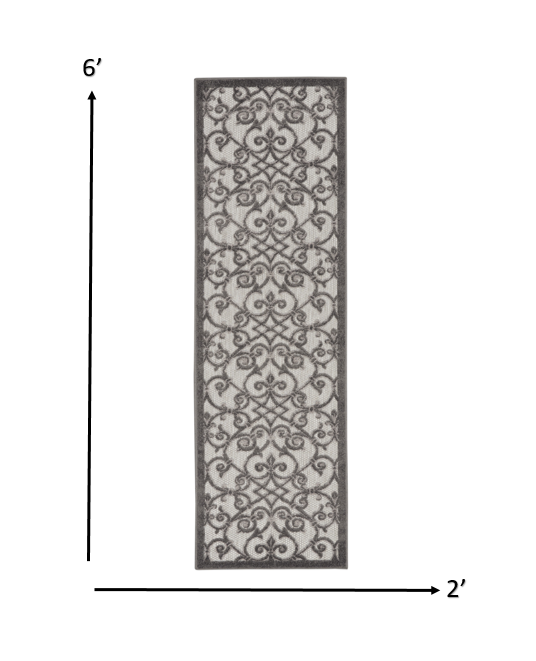 2' X 10' Gray Floral Indoor Outdoor Area Rug