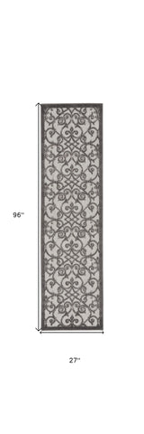 2' X 10' Gray Floral Indoor Outdoor Area Rug