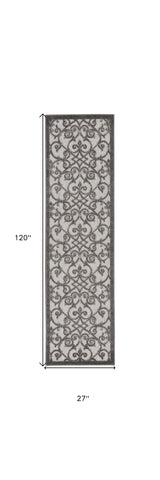 2' X 10' Gray Floral Indoor Outdoor Area Rug