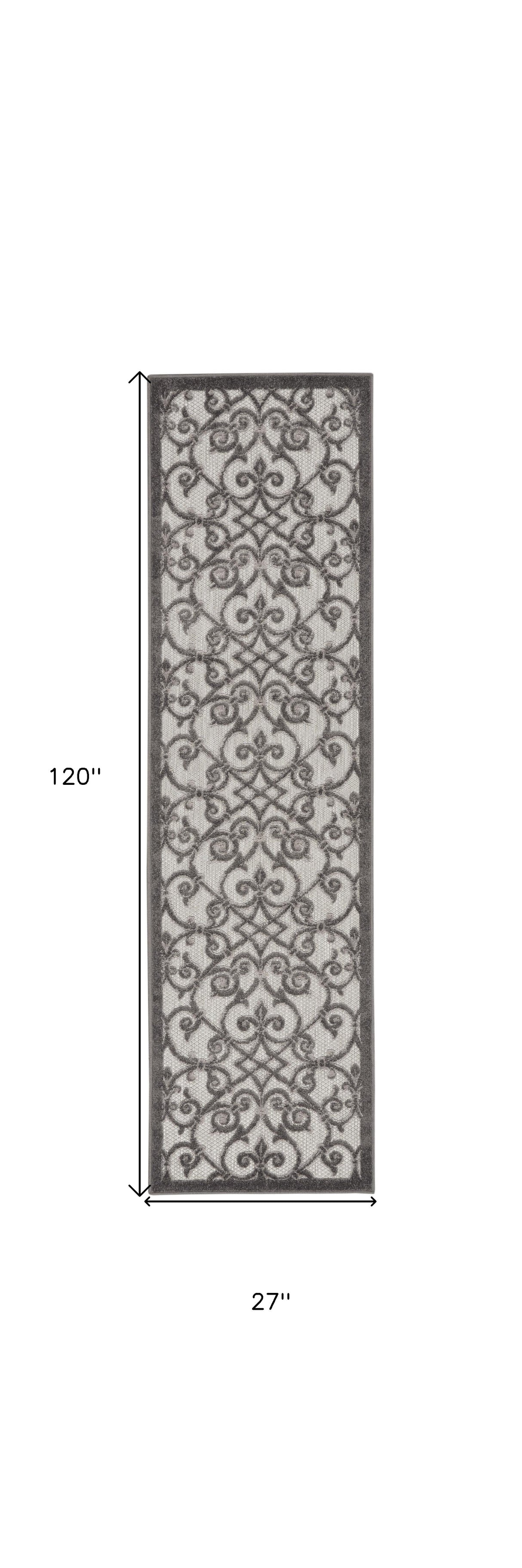 2' X 10' Gray Floral Indoor Outdoor Area Rug