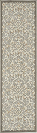 2' X 10' Gray And Ivory Floral Indoor Outdoor Area Rug