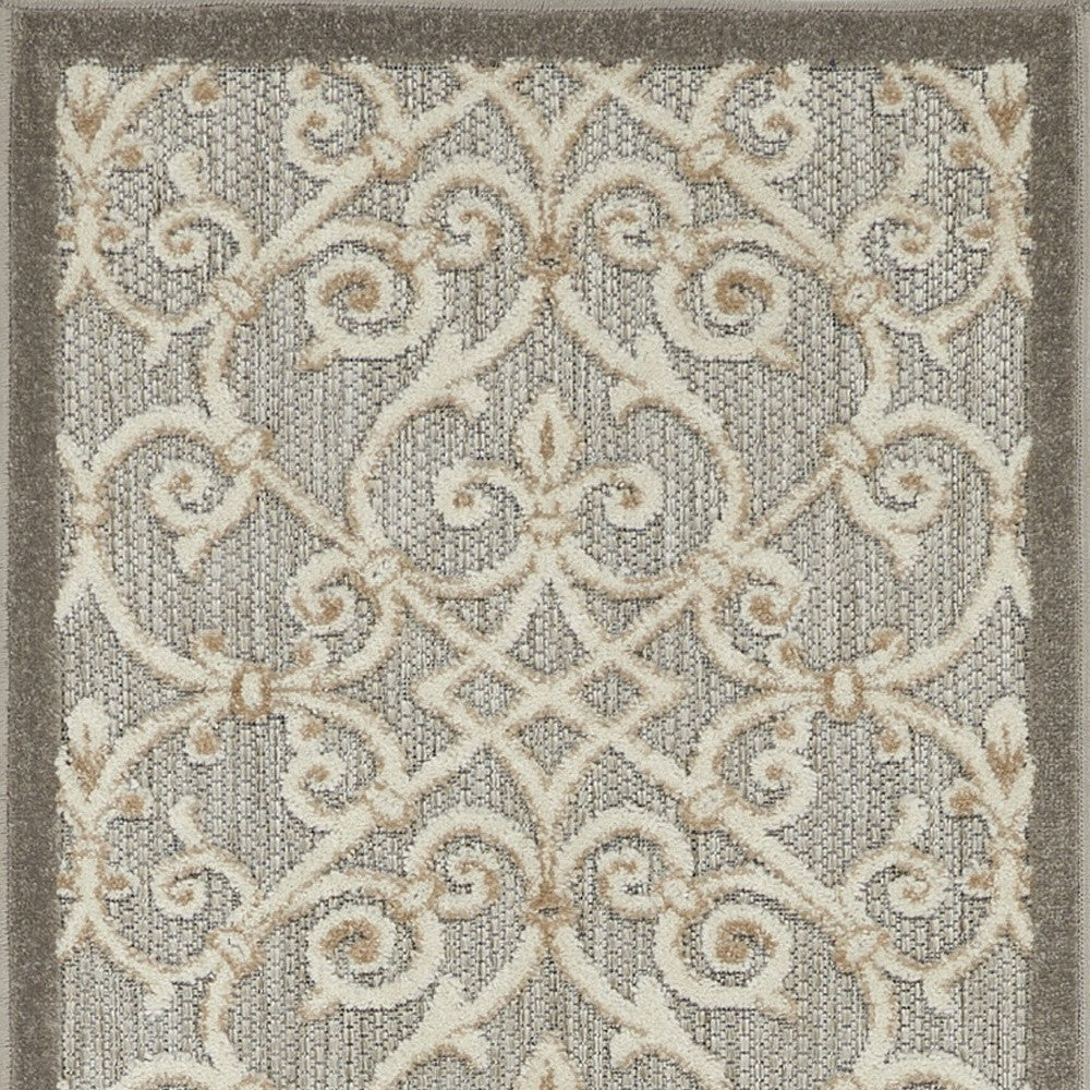 2' X 10' Gray And Ivory Floral Indoor Outdoor Area Rug