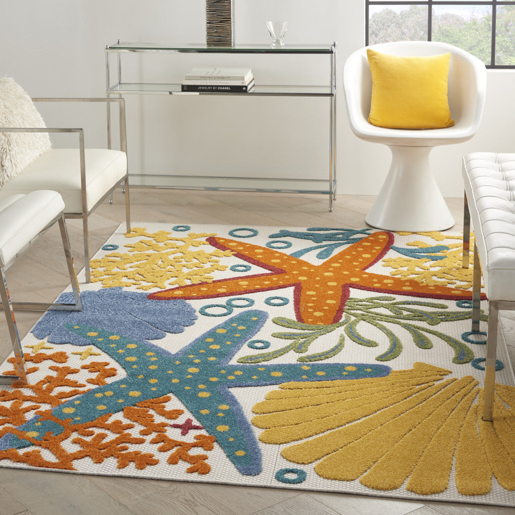 6' X 9' Yellow And Ivory Indoor Outdoor Area Rug