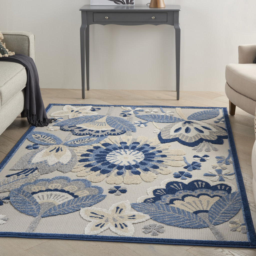 8' X 11' Blue And Gray Floral Indoor Outdoor Area Rug