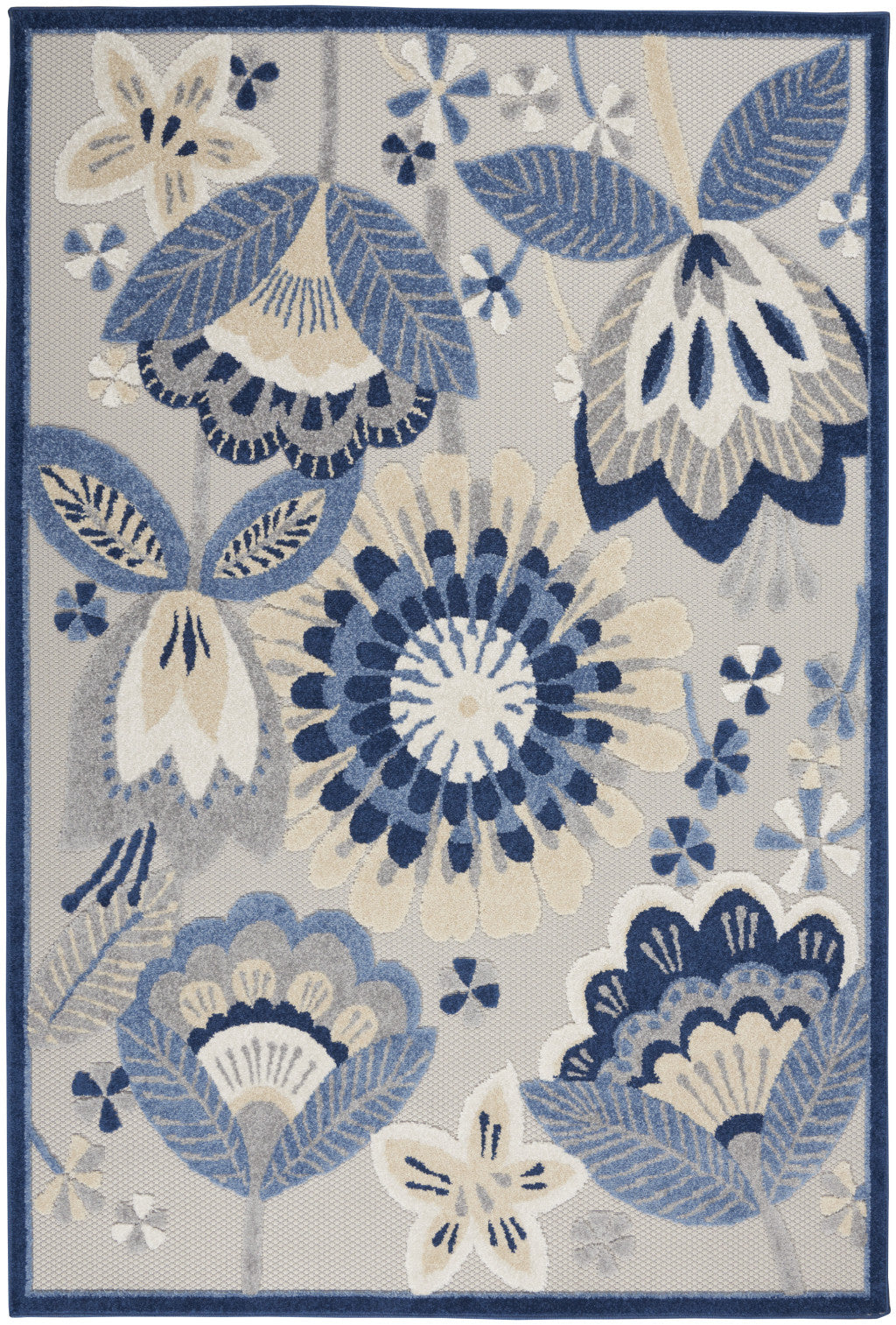 8' X 11' Blue And Gray Floral Indoor Outdoor Area Rug