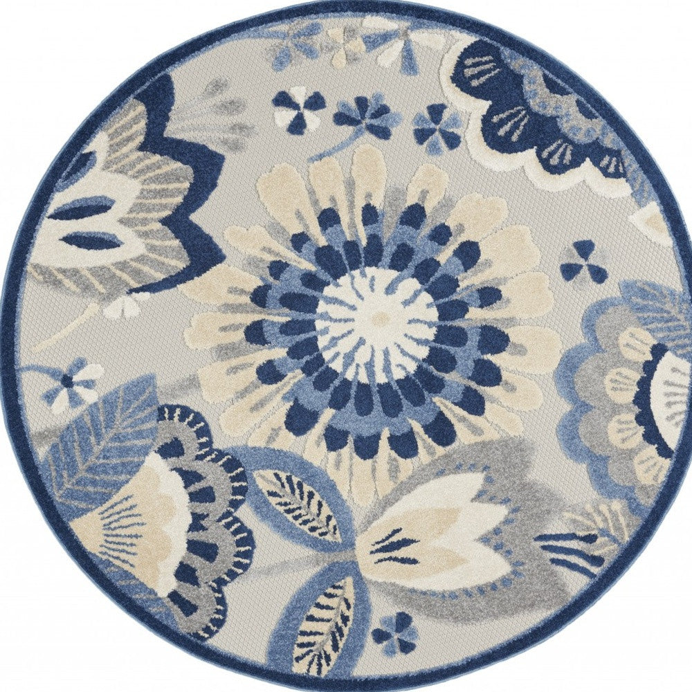 8' X 11' Blue And Gray Floral Indoor Outdoor Area Rug