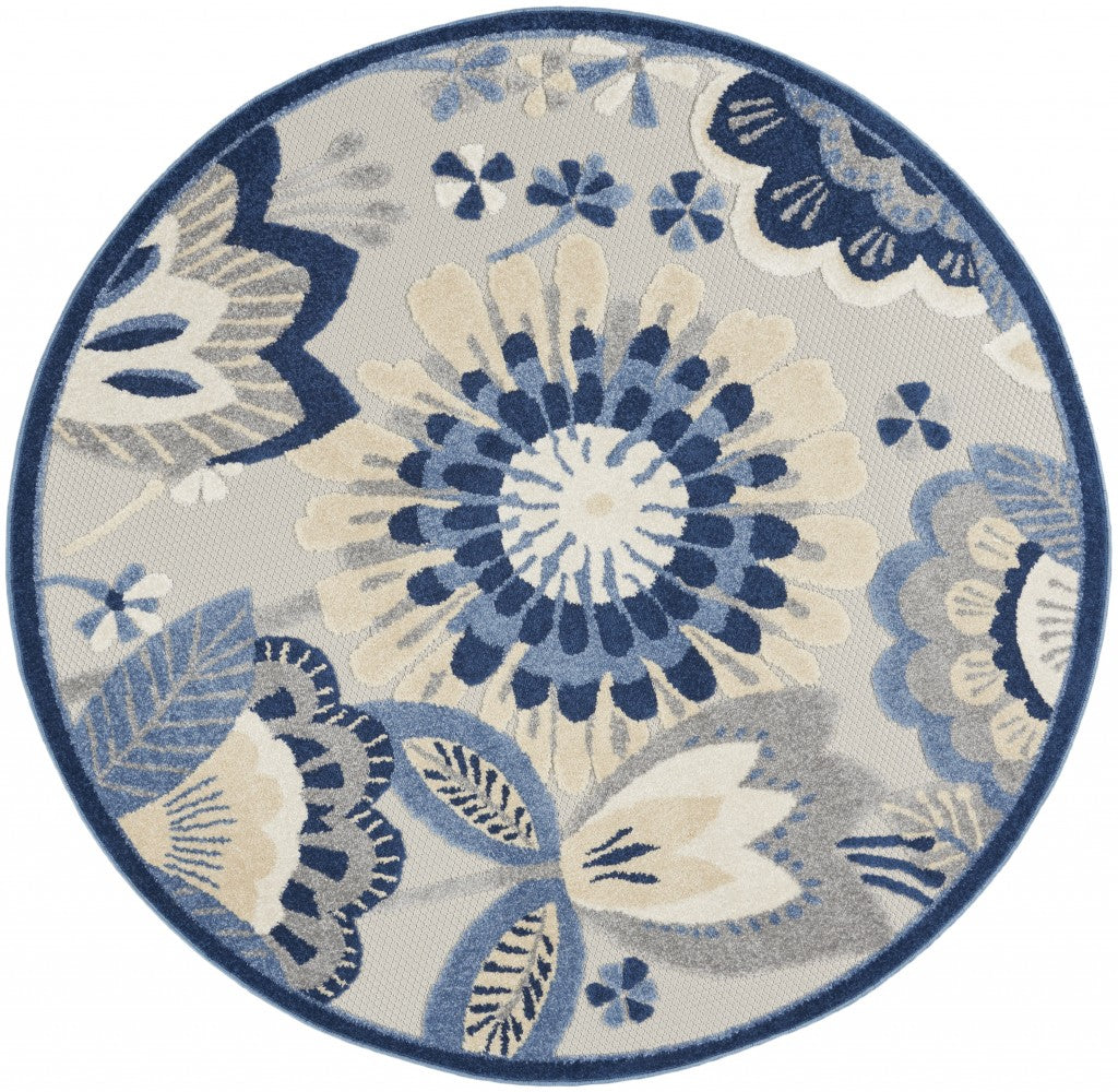 8' X 11' Blue And Gray Floral Indoor Outdoor Area Rug