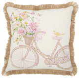 18" Beige and Pink Bicycle and Flowers Indoor Outdoor Throw Pillow With Fringe