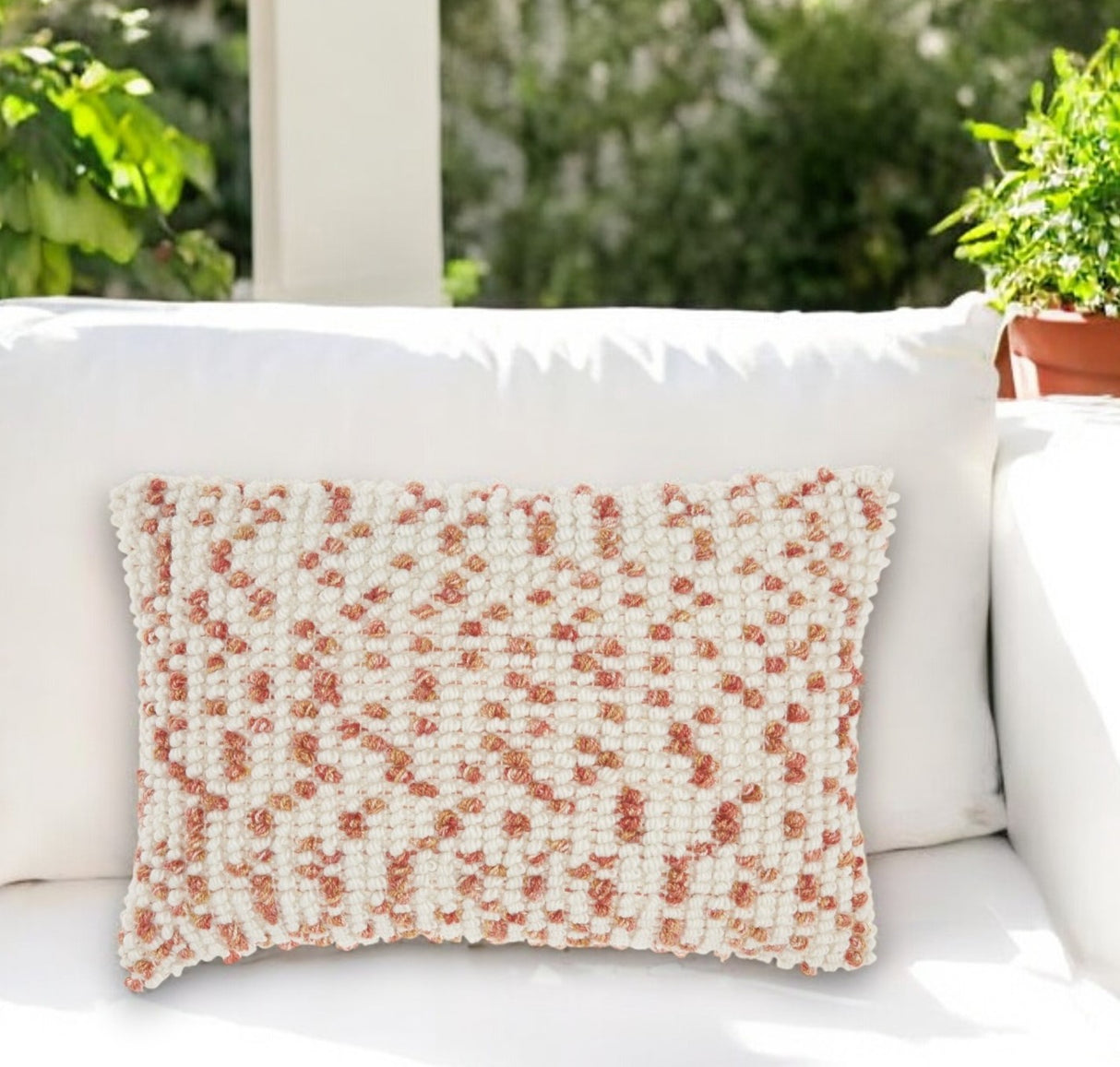 14" X 20" Coral and Beige Ribbed Indoor Outdoor Throw Pillow With Texture