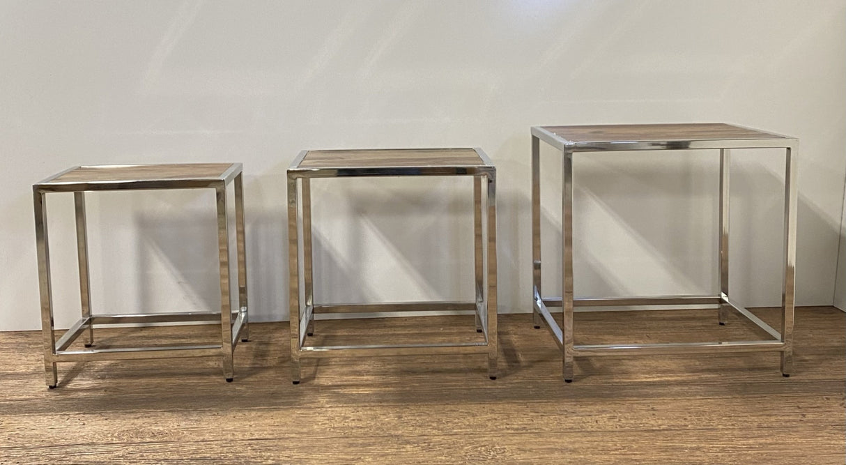 Set of Three 21" Silver And Brown Solid Wood Nested Tables