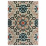 10' X 13' Blue and Gray Damask Indoor Outdoor Area Rug