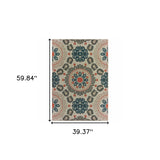 10' X 13' Blue and Gray Damask Indoor Outdoor Area Rug