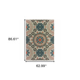 10' X 13' Blue and Gray Damask Indoor Outdoor Area Rug