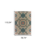 10' X 13' Blue and Gray Damask Indoor Outdoor Area Rug