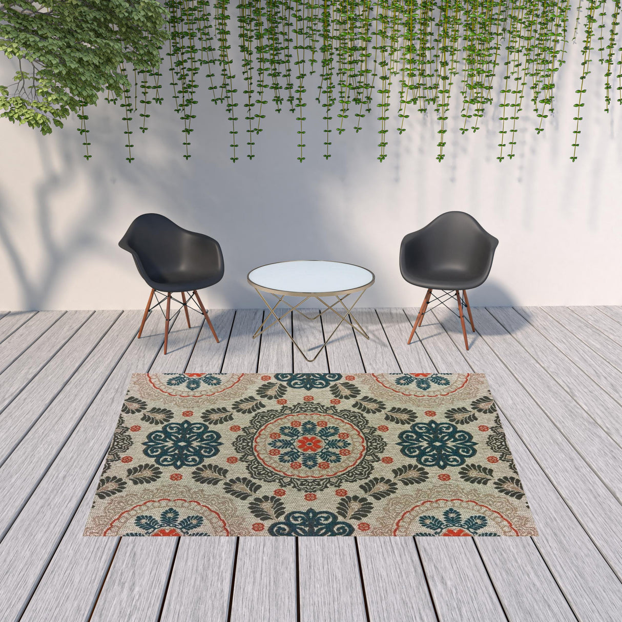 10' X 13' Blue and Gray Damask Indoor Outdoor Area Rug