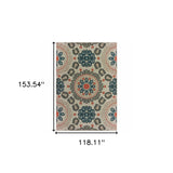 10' X 13' Blue and Gray Damask Indoor Outdoor Area Rug