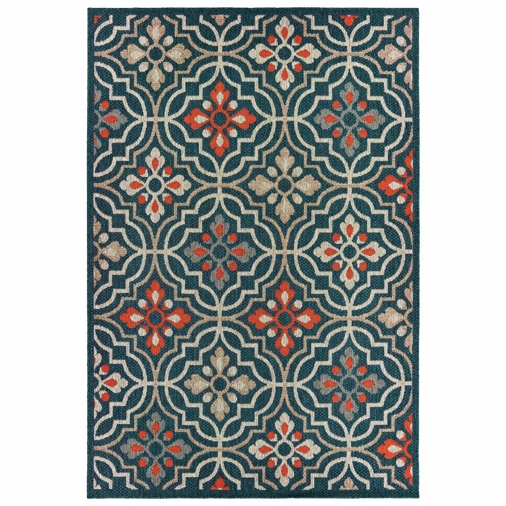 5' X 7' Blue and Orange Moroccan Indoor Outdoor Area Rug