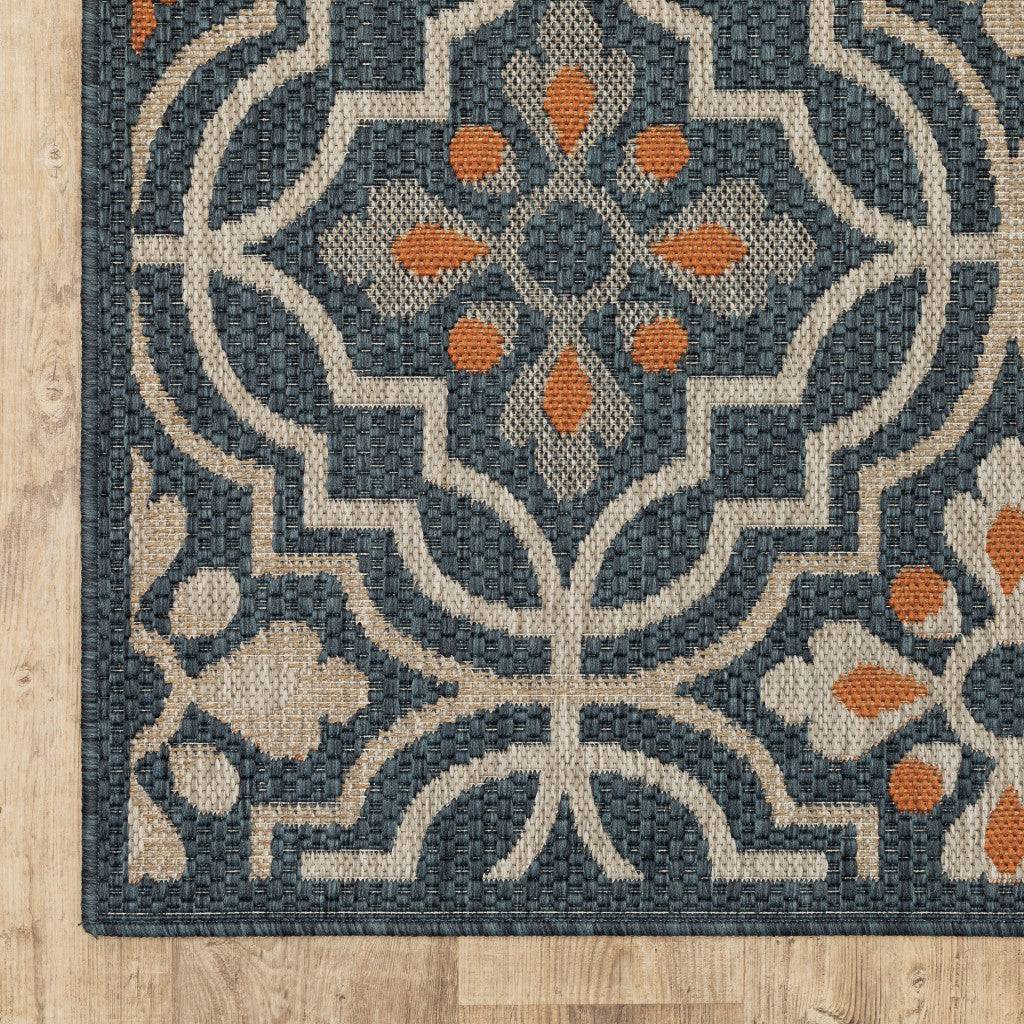 5' X 7' Blue and Orange Moroccan Indoor Outdoor Area Rug