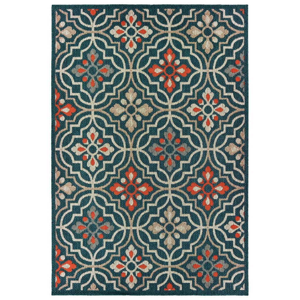 5' X 7' Blue and Orange Moroccan Indoor Outdoor Area Rug