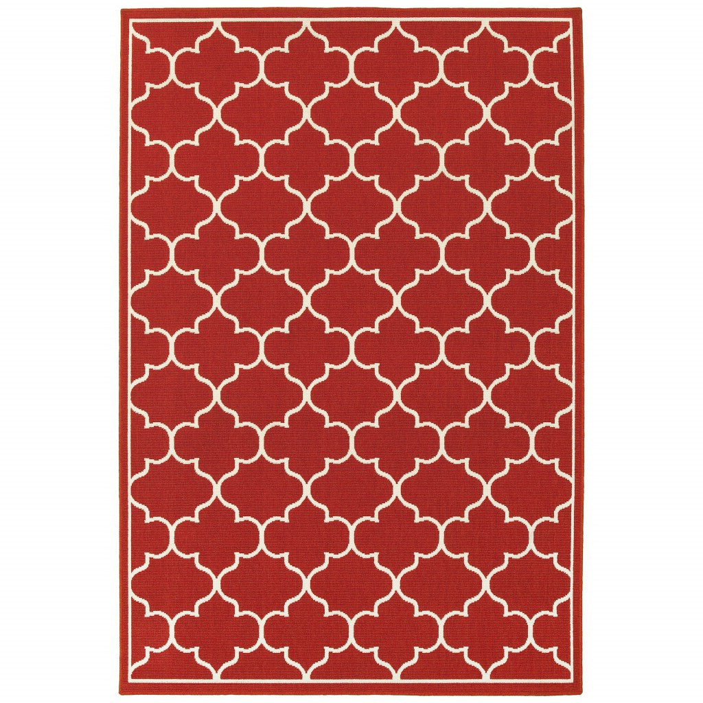 7' X 10' Red and Ivory Indoor Outdoor Area Rug