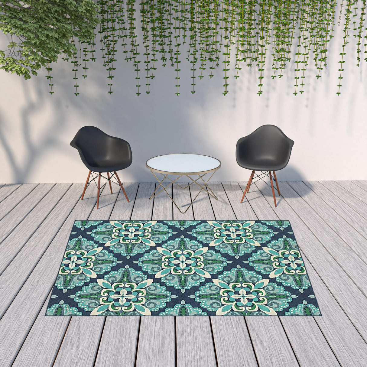 5' X 8' Blue and Green Indoor Outdoor Area Rug