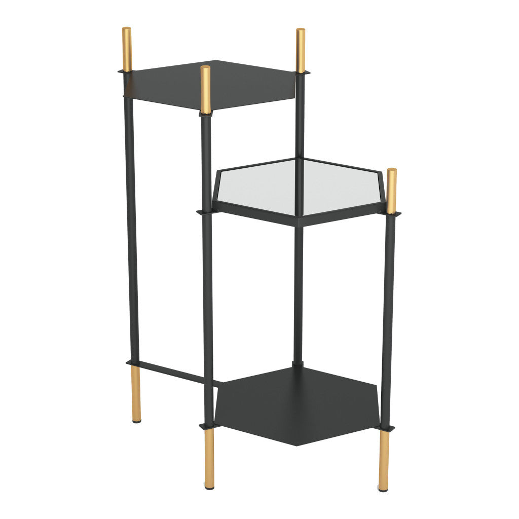 27" Gold And Black Glass End Table With Two Shelves