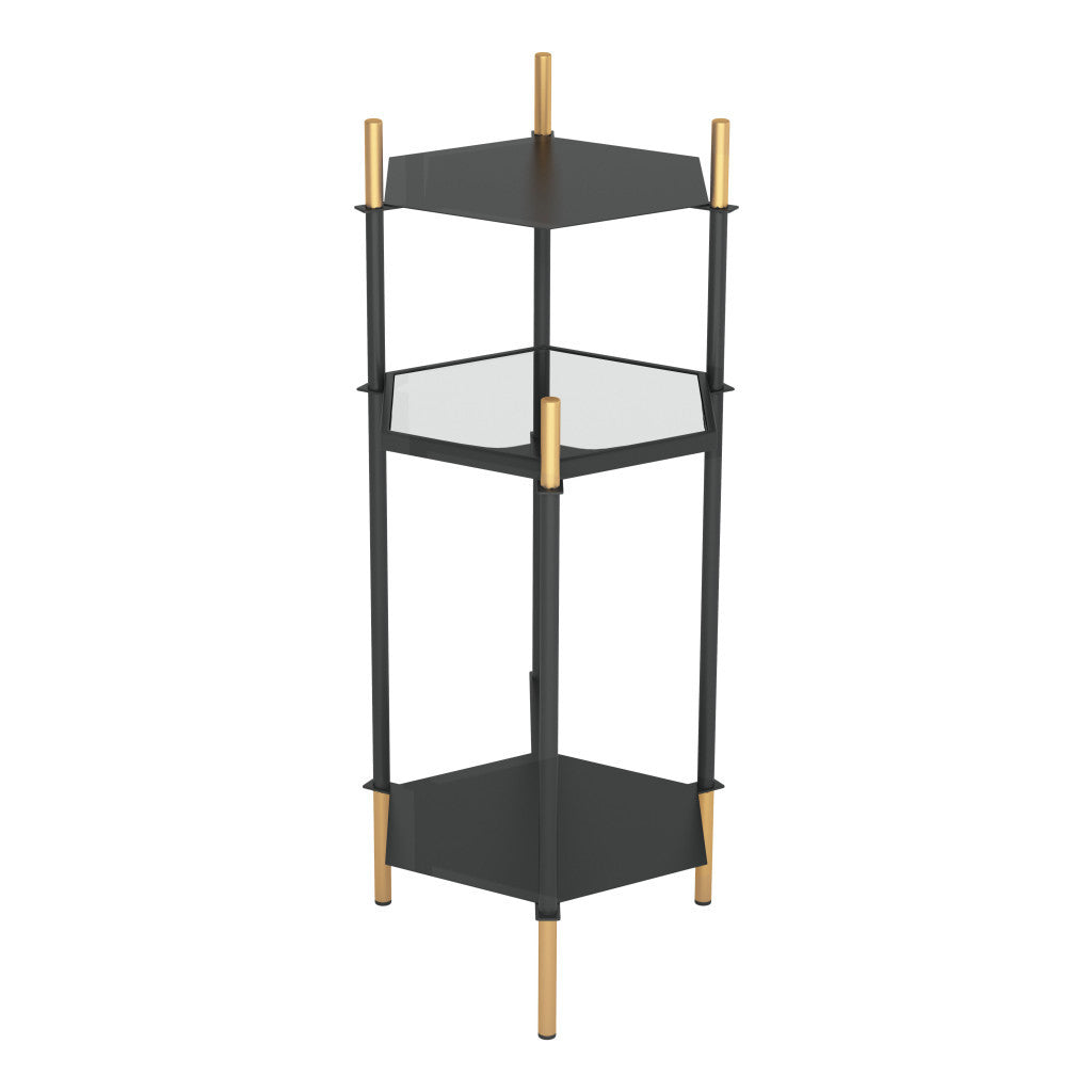 27" Gold And Black Glass End Table With Two Shelves