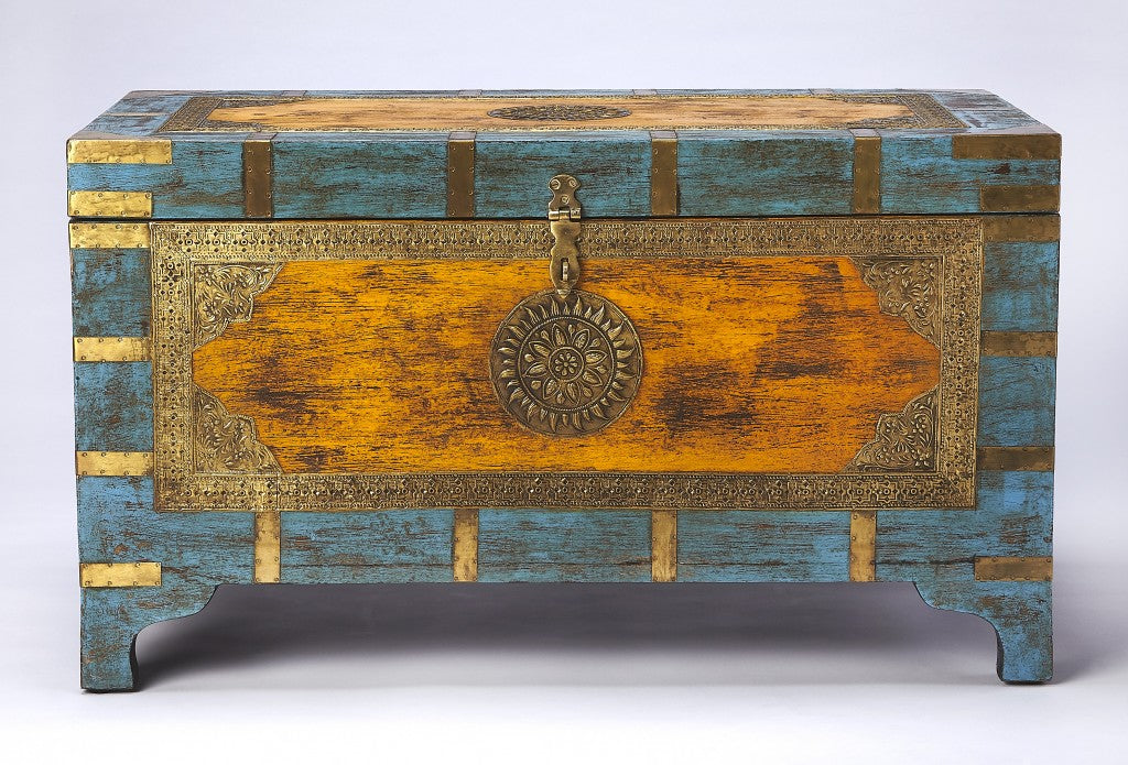 Hand Painted Brass Inlay Solid Wood Storage Trunk