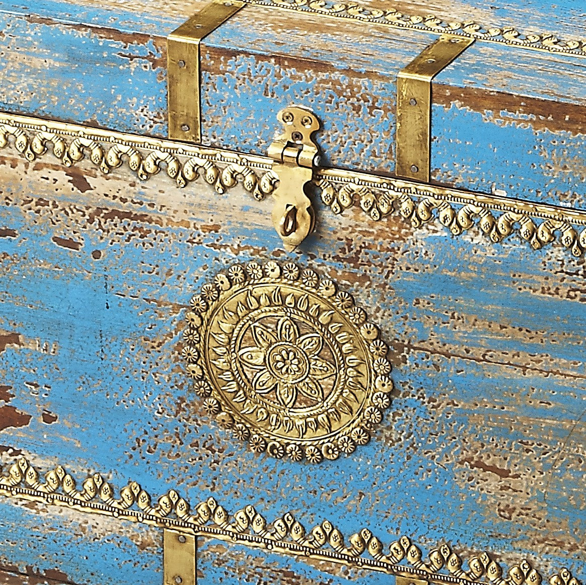 Traditional Hand Painted Brass Inlay Storage Trunk