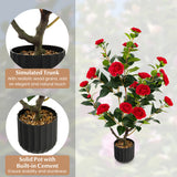 38 Inch Artificial Camellia Tree Faux Flower Plant in Cement Pot-Red