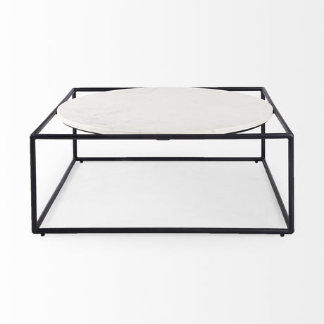 36" White And Black Genuine Marble And Metal Square Coffee Table