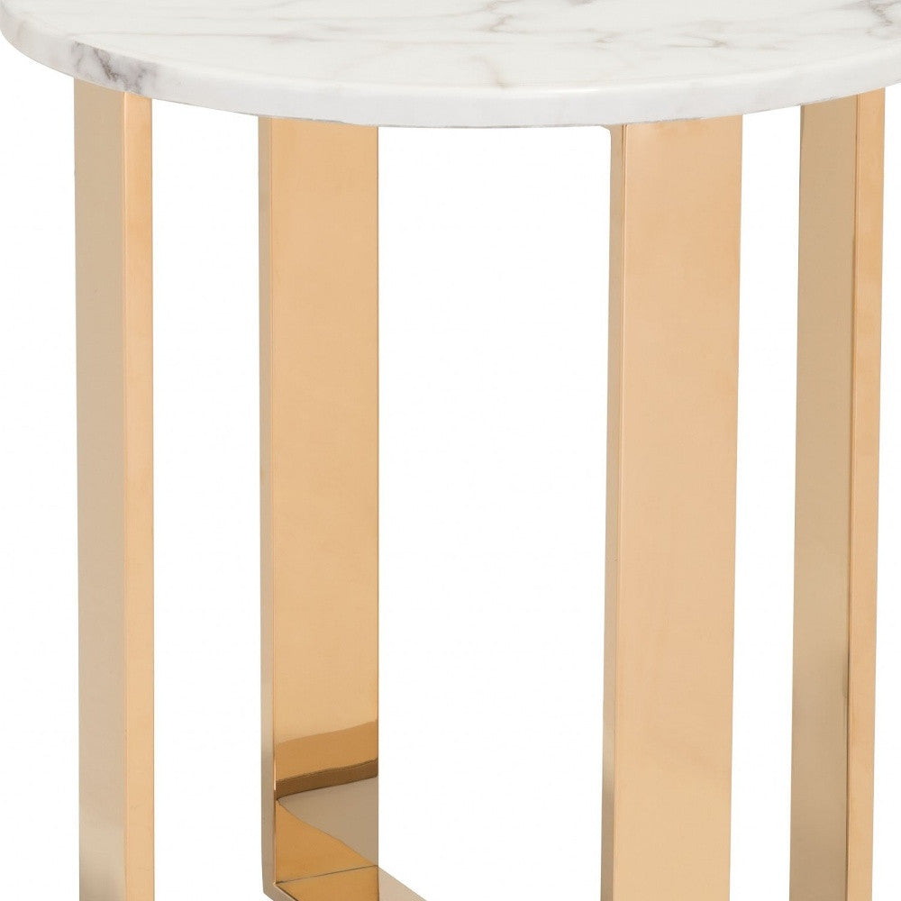 21" Gold And White Stone Round End Table