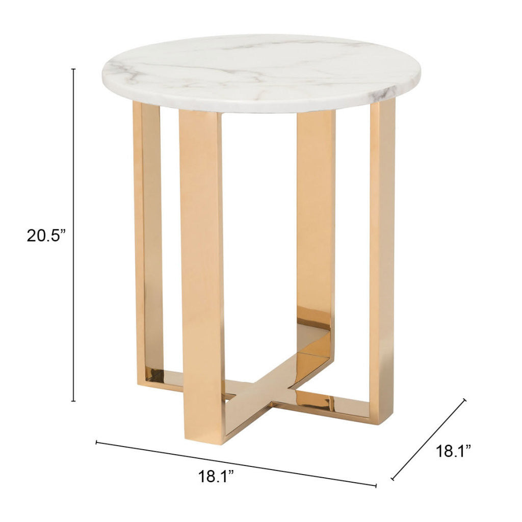 21" Gold And White Stone Round End Table