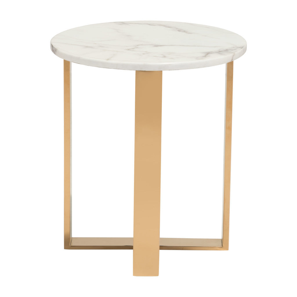 21" Gold And White Stone Round End Table