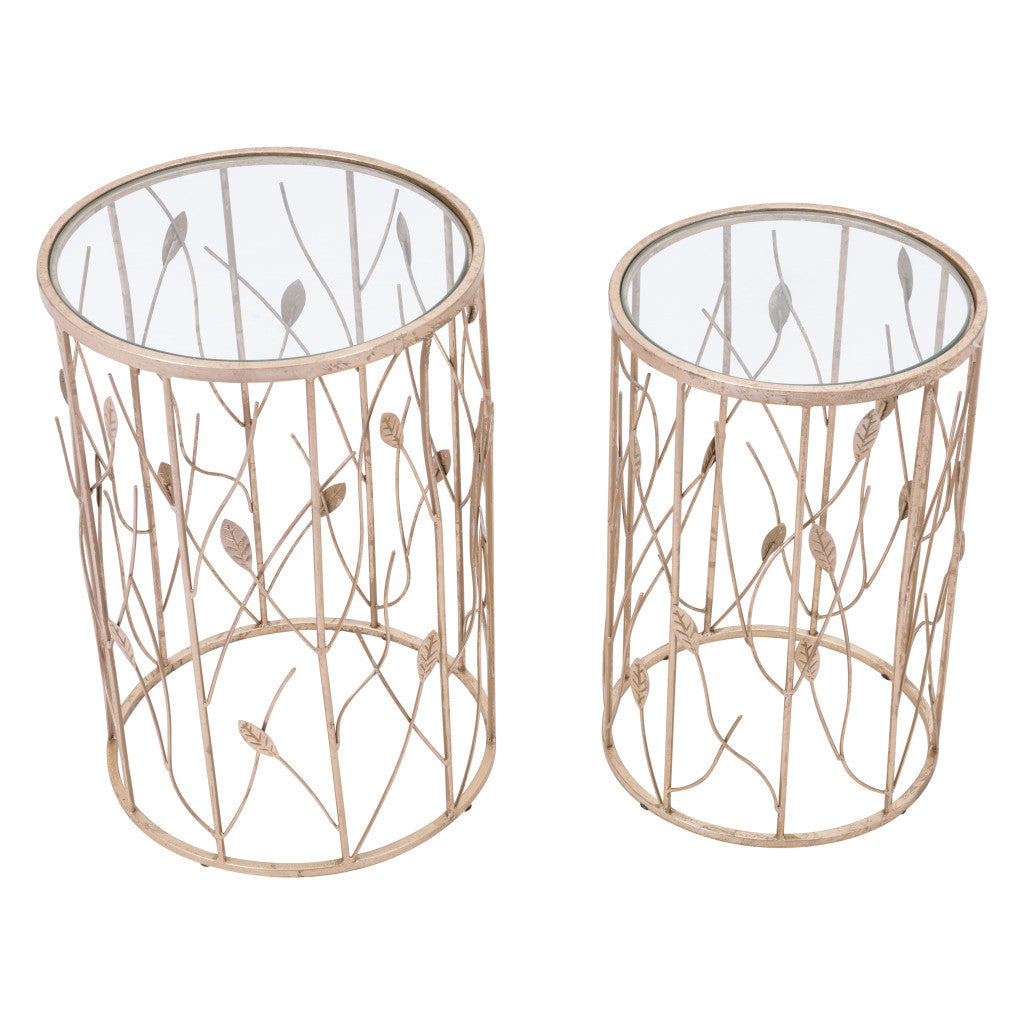 Set of Two Leaf Gold and Glass Side Tables