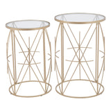 Set of Two Geometric Gold and Glass Side Tables