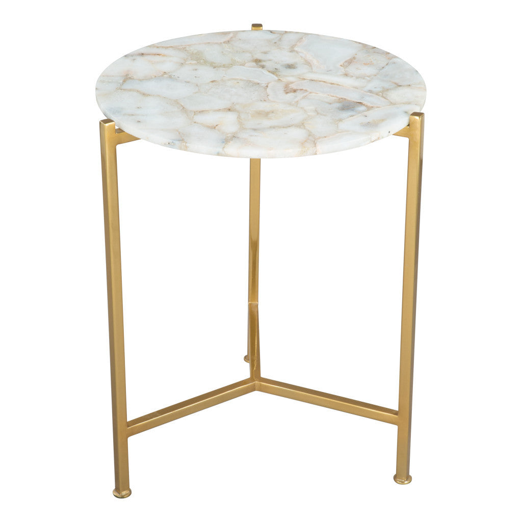 20" Gold And White Genuine Marble Look Round End Table