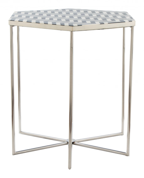21" Silver And Black And White Stone Hexagon End Table