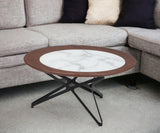 Set of Two 32" Brown White And Black Manufactured Wood Glass And Steel Round Bunching Coffee Tables