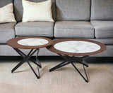 Set of Two 32" Brown White And Black Manufactured Wood Glass And Steel Round Bunching Coffee Tables