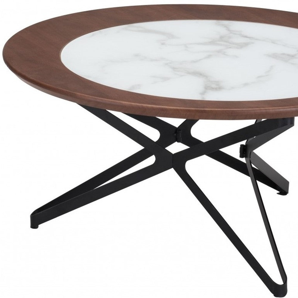 Set of Two 32" Brown White And Black Manufactured Wood Glass And Steel Round Bunching Coffee Tables