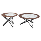 Set of Two 32" Brown White And Black Manufactured Wood Glass And Steel Round Bunching Coffee Tables