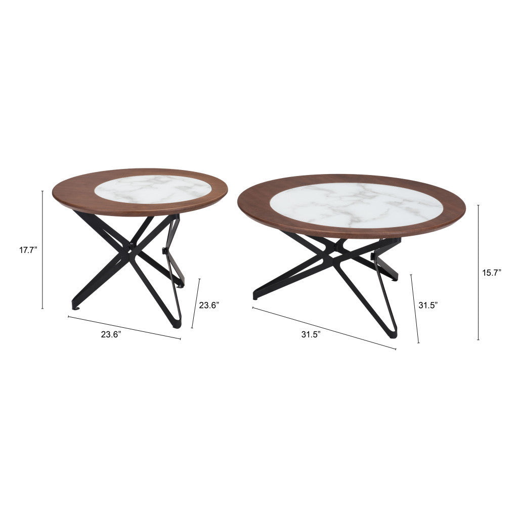 Set of Two 32" Brown White And Black Manufactured Wood Glass And Steel Round Bunching Coffee Tables