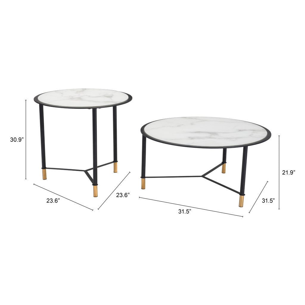 Set of Two 32" White And Black Glass And Steel Round Nested Coffee Tables