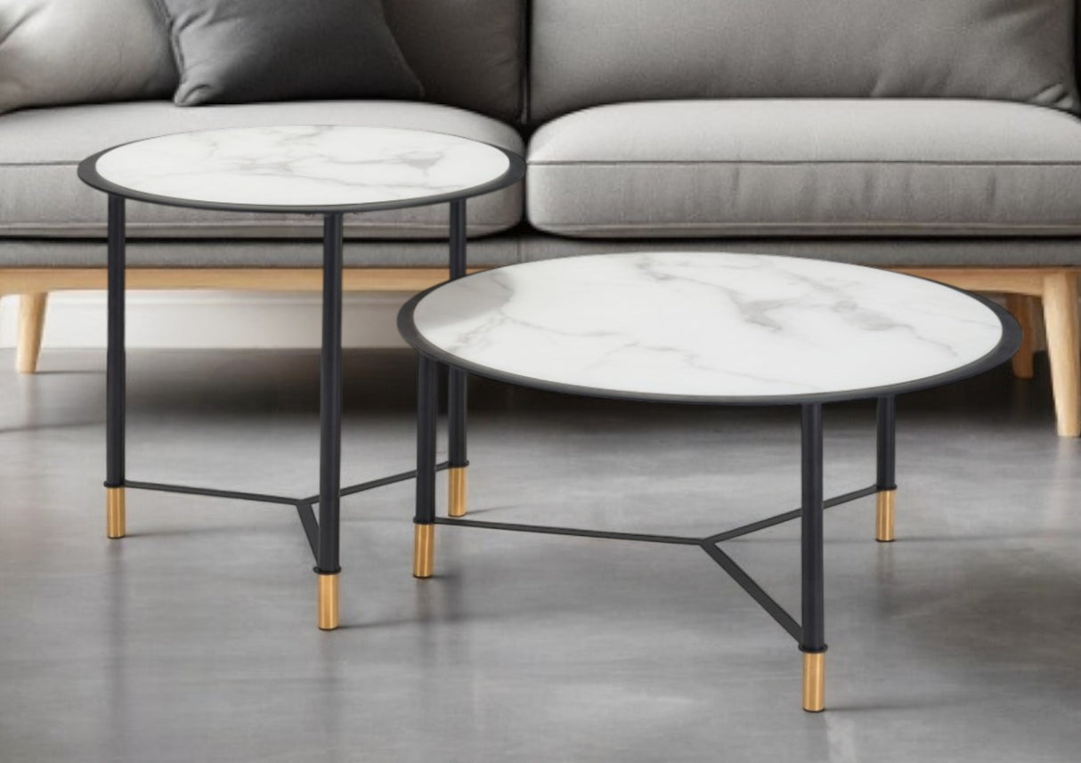 Set of Two 32" White And Black Glass and Faux Marble And Steel Round Bunching Coffee Tables