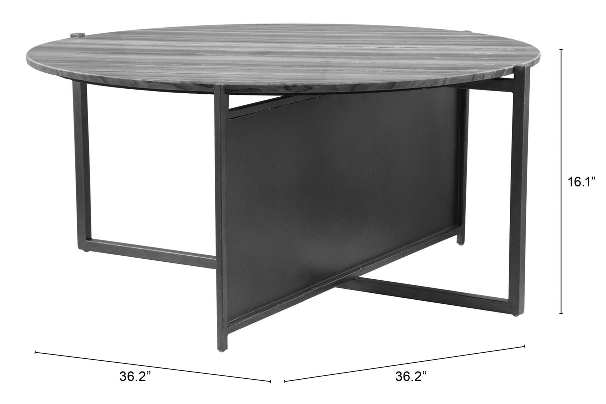 36" Gray And Black Genuine Marble And Steel Round Coffee Table