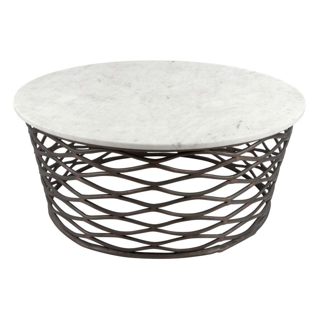 36" White And Antiqued Bronze Genuine Marble And Aluminum Round Coffee Table