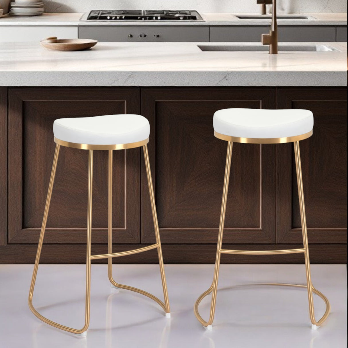 Set of Two 31" White And Gold Steel Backless Bar Height Bar Chairs